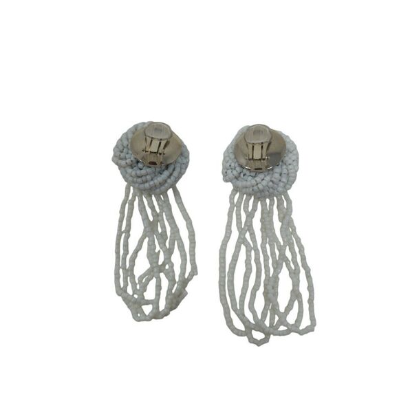 Vintage White Glass Beaded Dangle Knot Clip-On Earrings | 3.13" - Picture 5 of 6
